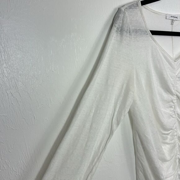 Frame White Linen Shirred Long Sleeve Ruched Front T-Shirt Size M - Picture 3 of 10
